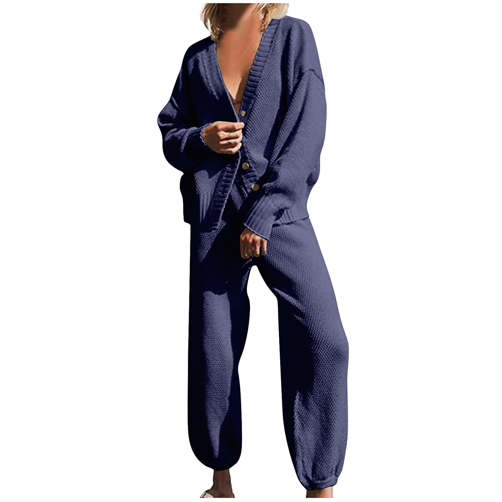 Diufon Sweater Set Womens 2 Piece Knitted Outfits Long Sleeve Button Cardigan with Knit Pant Casual Suits Large Navy