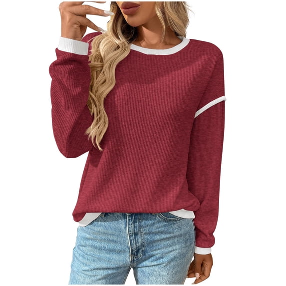 Diufon Sweaters for Women Knitted Cotton Long Sleeve Round Neck Blouses Color Block Fall Winter Warm Pullover Tops