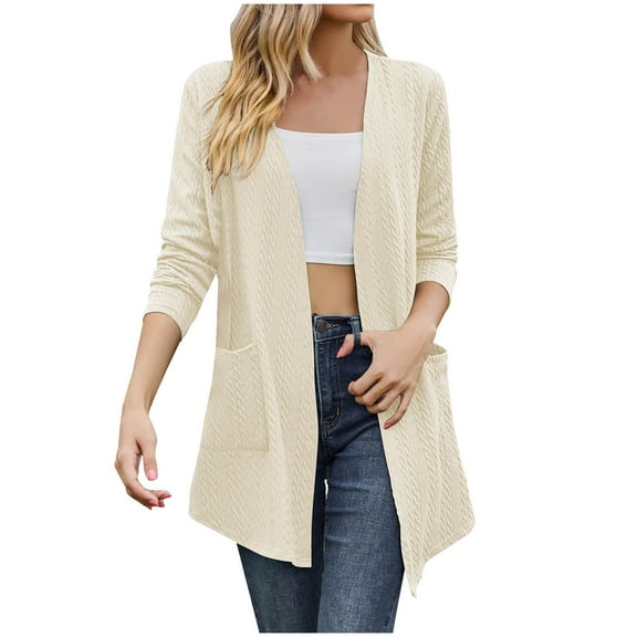 Diufon Sweaters for Womens Long Sleeve Outwear Tops Solid Color Open Front Cardigans with Pockets