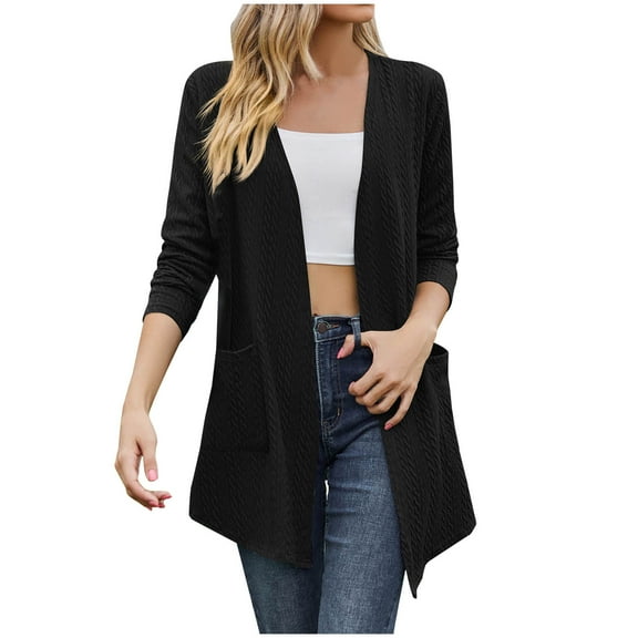 Diufon Sweaters for Womens Long Sleeve Outwear Tops Solid Color Open Front Cardigans with Pockets