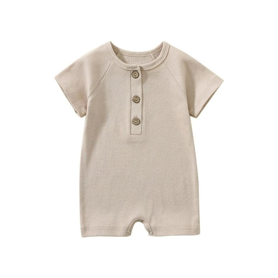 Diufon T-Shirt Jumpsuit for Toddler Baby Summer Short Sleeve Bodysuit Solid Color Button Round Neck Rompers (0-3 Months, Beige)
