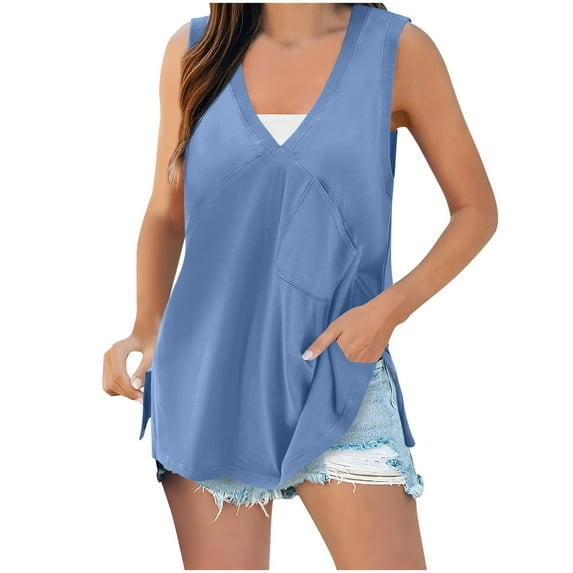 Diufon Sleeveless Tank Tops for Women Summer Casual V Neck Blouses Workout Yoga Loose Shirts with Pockets