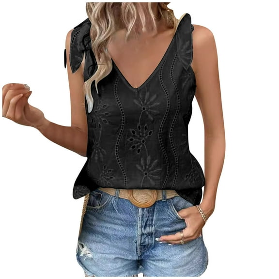 Diufon Tank Tops for Women V Neck Sleeveless Lace-Up Strap Tunics Summer Casual Solid Color Tshirts
