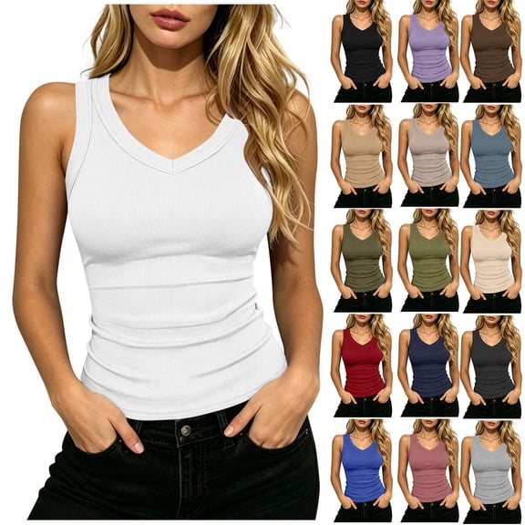 Diufon Ribbed Tank Tops for Women Summer Casual Sleeveless V Neck Knit Camisole Solid Color Basic Slim Tanks