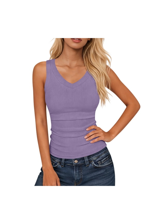 Ribbed Tank Tops for Women Summer Casual Sleeveless V Neck Knit Camisole Solid Color Basic Slim Tanks