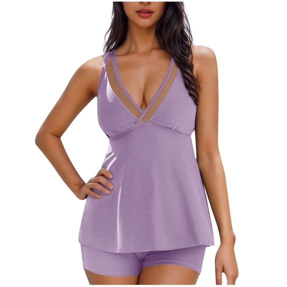 Diufon Tankini with Shorts for Women Flowy Hem Mesh V Neck Tank Tops Summer Beach Two Piece Bathing Suit
