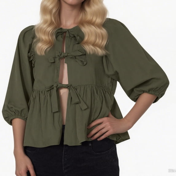 Diufon Tie Front Tops for Women 3/4 Puff Sleeve Trendy Ruffle Hem Blouse Going Out Lace Up Cute Tops