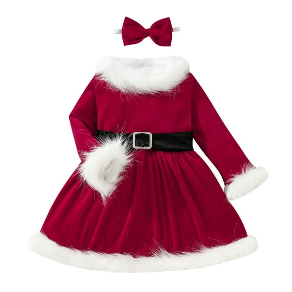 Diufon Toddler Baby Girls Christmas Velvet Dress with Headband and Belts Long Sleeve Cute Santa Party Dress