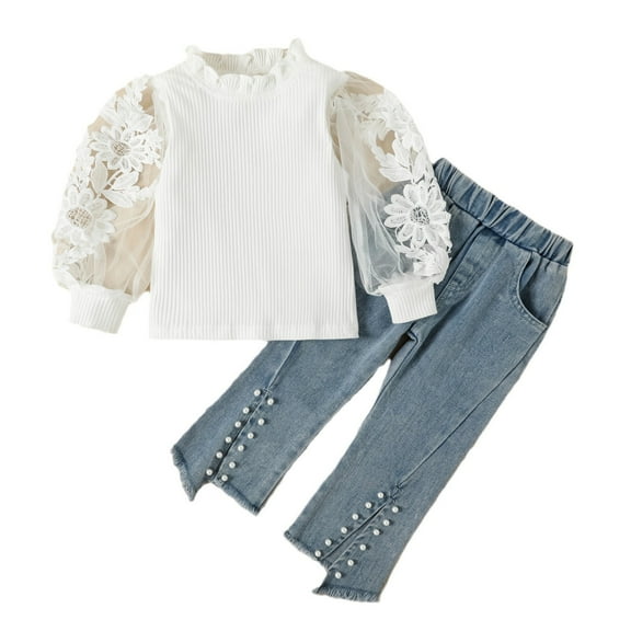 Diufon Toddler Baby Girls Clothes Set Cotton Embroidery Mesh Long Sleeve Top and Irregular Pearl Jeans 2 Piece Outfit