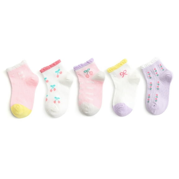Diufon Toddler Baby Girls Socks Ruffled Hem Non-slip Mesh Cute Printed Crew Socks Soft Breathable Socks 5 Pairs