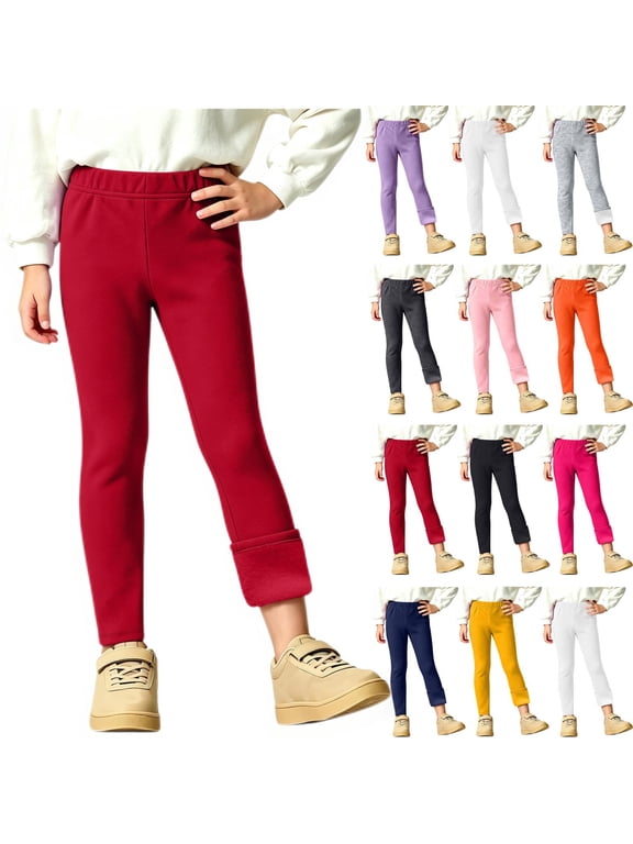Red Leggings Girls Fleece Lined High Waisted Thickened Thermal Pants Kids Fall Winter Warm Base Layer Bottoms