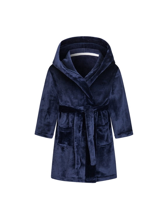 Toddler Boys Girls Robe Soft Hooded Plush Bathrobe Unisex Fleece Solid Color Pajamas Robes with Pockets