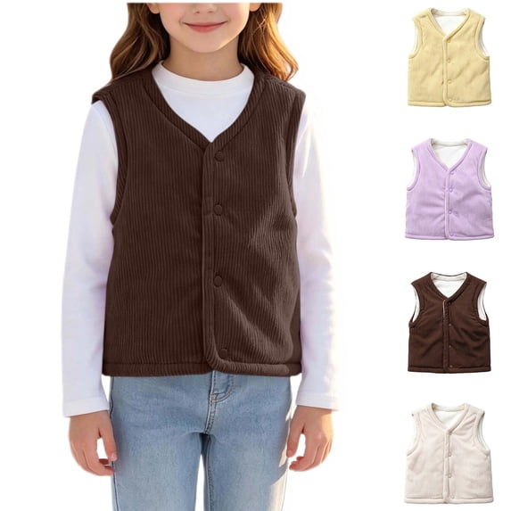 Diufon Corduroy Vest for Girls Boys Sleeveless Fleece Lined Button Down Jackets Unisex Winter Thickened Warm Outerwear