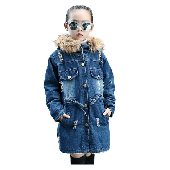 Diufon Toddler Girls Warm Denim Jacket Fall Winter Mid-Long Plush Hooded Collar Girdle Jean Coat 3-12 Years