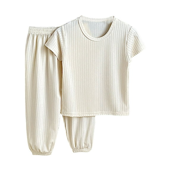 Diufon Toddler Pajamas Boys Girls Ribbed Short Sleeve Crewneck Tops and Cropped Pants Sleepwear Set for Kids