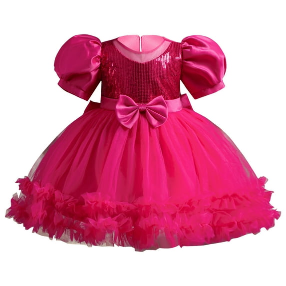 Diufon Toddlers Tulle Dresses Round Neck Puff Short Sleeve Waist Bow Dress Sequin A-Line Dress