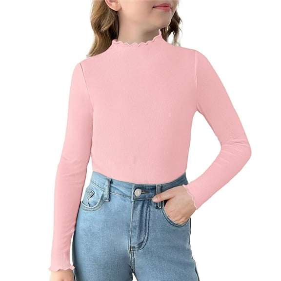 Diufon Girls Long Sleeve Shirts Basic Crewneck Fall Tops Kids Casual Lace Hem Solid Color Pullover T Shirts