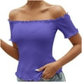 thumbnail image 1 of Diufon Tops for Women Summer Casual Solid Color Ruffle Tees off Shoulder Short Sleeve Blouses, 1 of 7