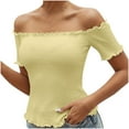 thumbnail image 1 of Diufon Tops for Women Summer Casual Solid Color Ruffle Tees off Shoulder Short Sleeve Blouses, 1 of 7
