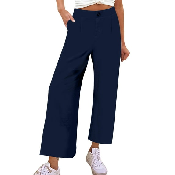 Diufon Trendy Pleated Lounge Pants for Women Button Down Solid Color Wide Leg Pants Trousers with Pockets
