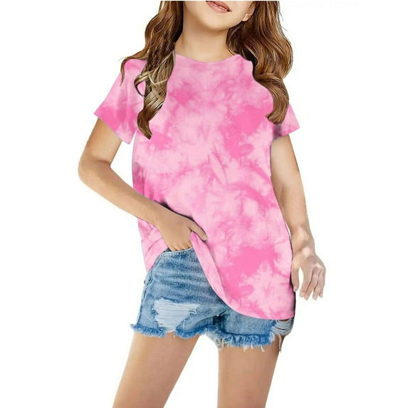 Diufon Trendy Tie Dye Gradient Print Tunics for Kids Summer Round Neck Short Sleeve Tops