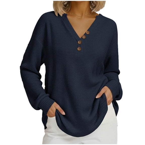 Diufon Tunic Tops for Women Dressy Casual Loose Long Sleeve Shirts Spring Fashion Knit Button Up V Neck Pullover