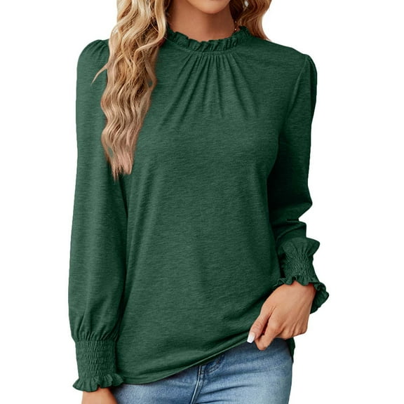 Diufon Tunics for Women Fall Casual Solid Color Ruffle Blouses High Neck Puff Long Sleeve Tops