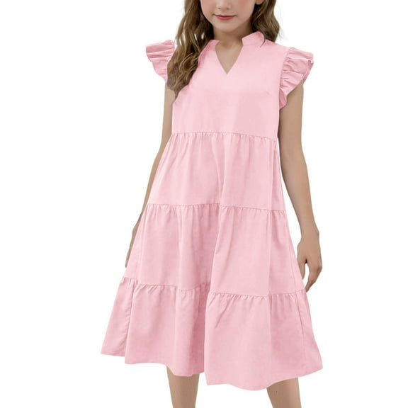 Diufon Tween Girls Dresses Summer Casual Cap Sleeve V Neck Sundresses Kids Solid Color Loose Dress 4-15 Years