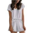 thumbnail image 1 of Diufon Two Piece Homewear for Women V Neck Short Sleeve Tops Elastic Waist Ruffle Hem Shorts Solid Color Sets, 1 of 7