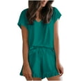 thumbnail image 1 of Diufon Two Piece Homewear for Women V Neck Short Sleeve Tops Elastic Waist Ruffle Hem Shorts Solid Color Sets, 1 of 7