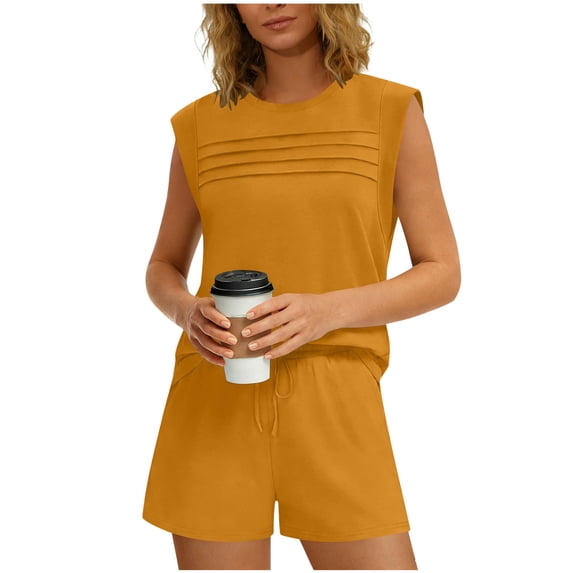Diufon Two Piece Sets for Women Going Out Crew neck Sleeveless Tops & High Waist Drawstring Shorts with Pockets