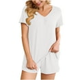 thumbnail image 1 of Diufon Two-Piece Suits for Women V Neck Shorts Sleeve Tees Solid Color Shorts Casual Pajamas Set, 1 of 5