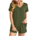 thumbnail image 1 of Diufon Two-Piece Suits for Women V Neck Shorts Sleeve Tees Solid Color Shorts Casual Pajamas Set, 1 of 5