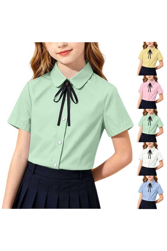 Uniform Shirts for Girls Short Sleeve Button down Collared Shirts Back to School Cotton Necktie Tops