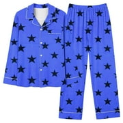Diufon Valentine's Day Pajamas Set for Women Long Sleeve Lapel Blouse with Wide Leg Straight Pant Homewear (X-Large, Blue)
