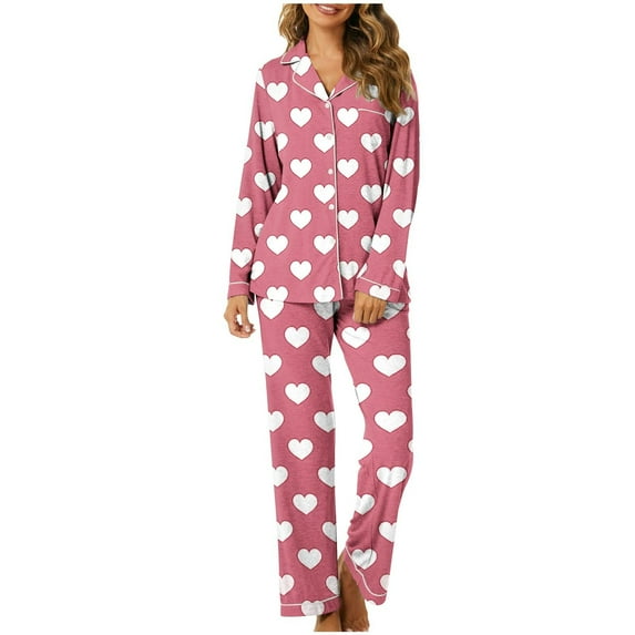 Diufon Valentine's Day Pajamas Set for Women Long Sleeve Lapel Top with Straight Wide Leg Pants Homewear Sets