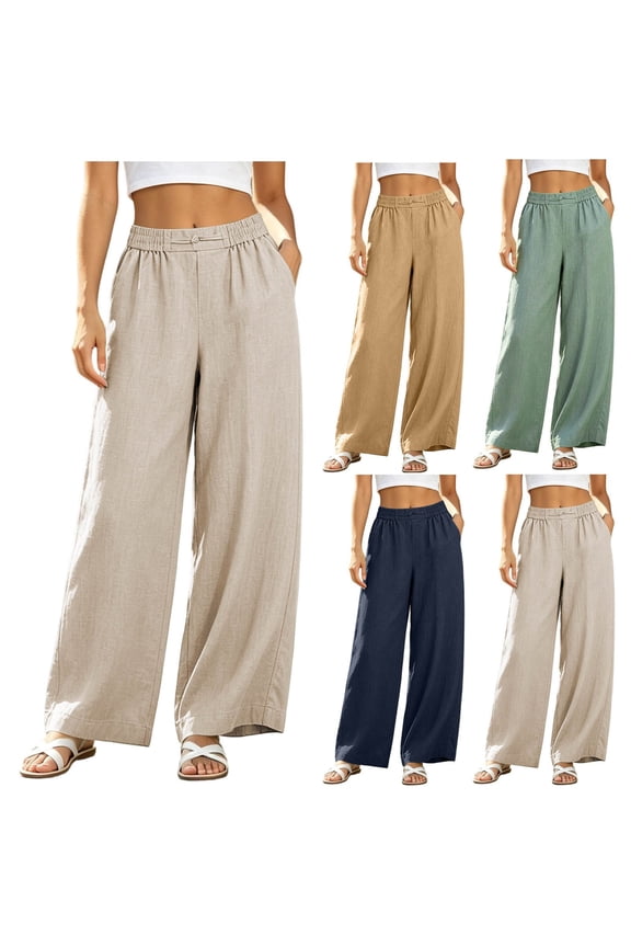 Linen Pants Women Summer Boho Wide Leg Palazzo Pants Casual Drawstring High Waisted Trousers with Pockets