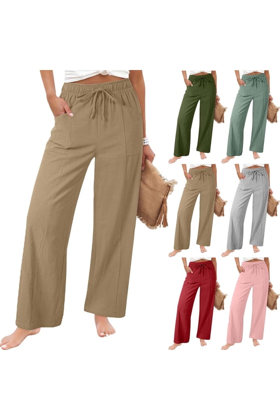 Linen Pants Women Summer Boho Wide Leg Palazzo Pants Casual Drawstring High Waisted Trousers with Pockets