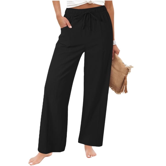 Diufon Black Linen Pants Women Summer Boho Wide Leg Palazzo Pants Casual Drawstring High Waisted Trousers with Pockets