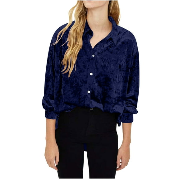 Diufon Velvet Tops for Women Casual Long Sleeve Lapel Neck Shirts Button Down Solid Color Blouses