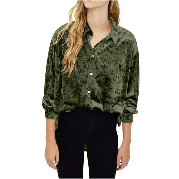 Diufon Velvet Tops for Women Casual Long Sleeve Lapel Neck Shirts Button Down Solid Color Blouses