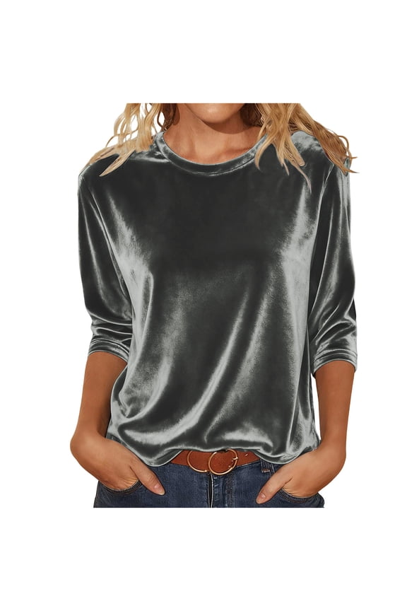 Velvet Tops for Women Dressy Casual Crewneck 3/4 Sleeve Velour Shirt Fall Winter Fashion Party Blouses