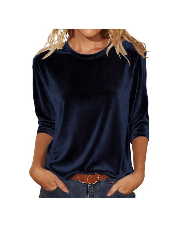 Velvet Tops for Women Dressy Casual Crewneck 3/4 Sleeve Velour Shirt Fall Winter Fashion Party Blouses