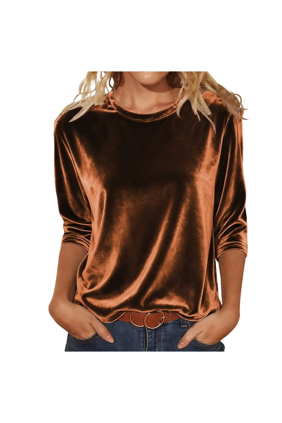 Velvet Tops for Women Dressy Casual Crewneck 3/4 Sleeve Velour Shirt Fall Winter Fashion Party Blouses
