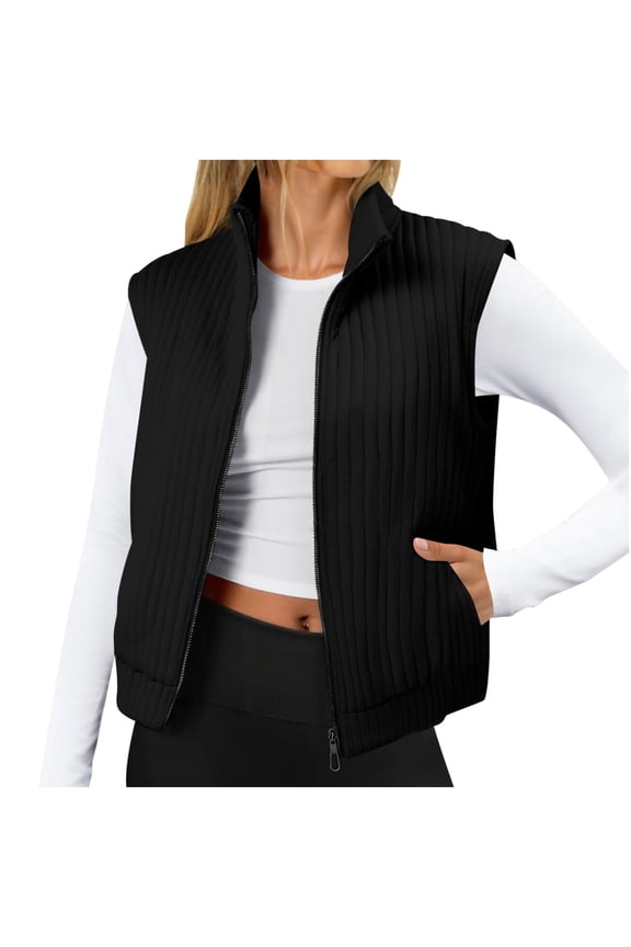 Vest for Women Lightweight Zip Up Stand Collar Cropped Jackets Sleeveless Fall Fashion Coat with Pockets