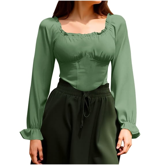 Diufon Vintage Corset Tops for Women Off Shoulder Long Sleeve Blouse Solid Color Party Smocked Crop Top
