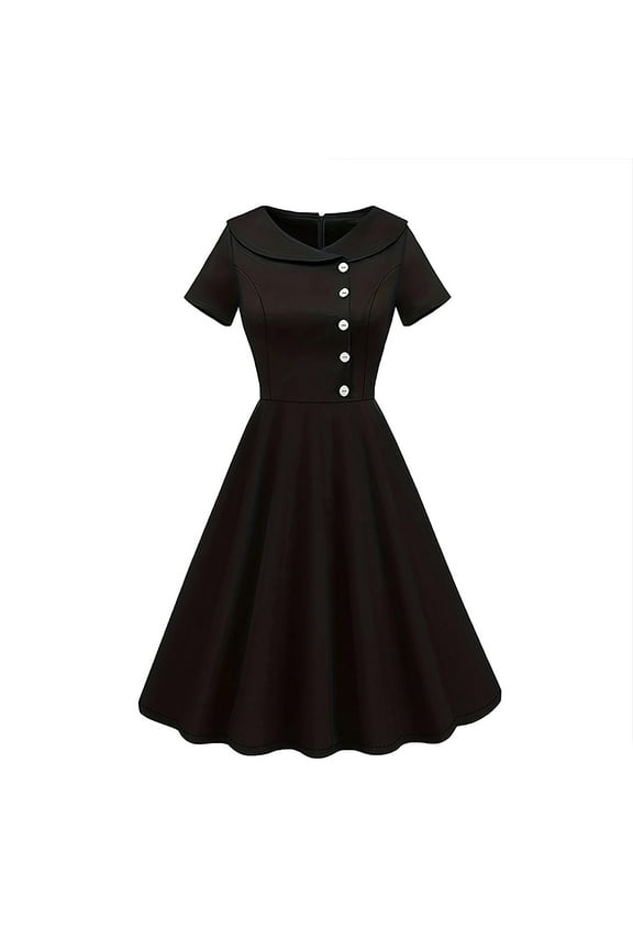 Vintage Dresses for Women Elegant 1950s Short Sleeve Side Button Lapel Pleated Dress Tunic A-line Dress