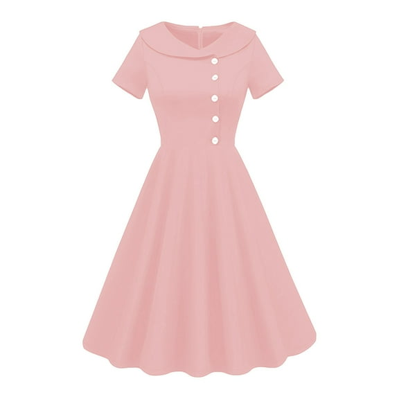 Diufon Vintage Dresses for Women Elegant 1950s Short Sleeve Side Button Lapel Pleated Dress Tunic A-line Dress