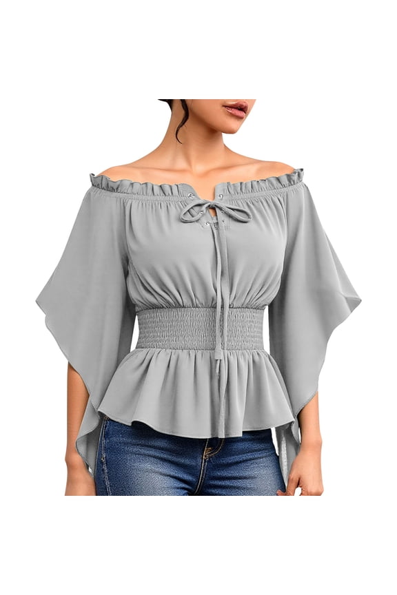 Vintage Top for Women Off The Shoulder Ruffled Long Sleeve Blouses Boho Peasant Smocked Back Shirs