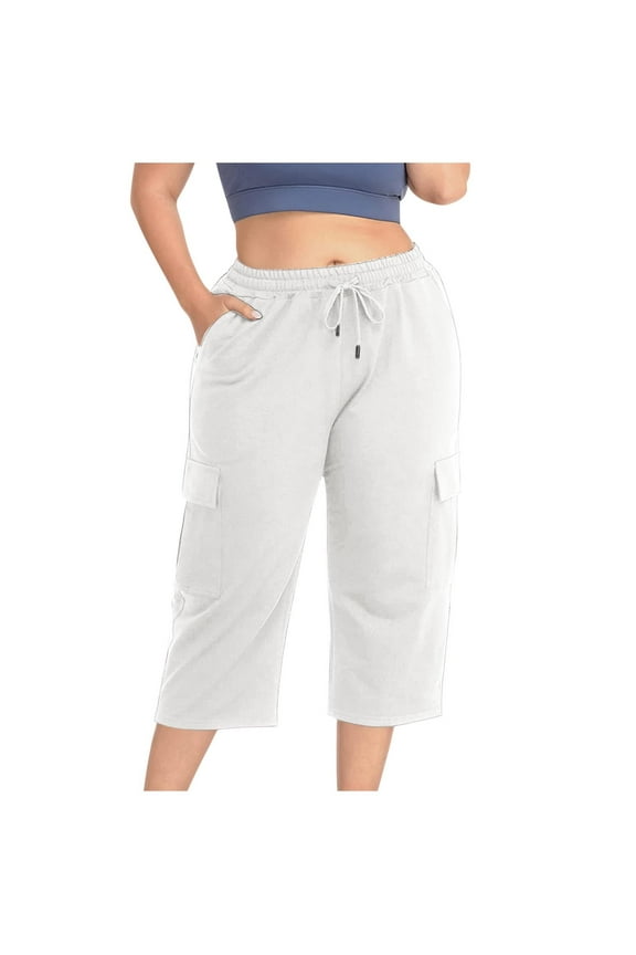 White Cargo Pants Women Plus Size Casual Baggy Summer Drawstring High Waisted Capris with Pockets